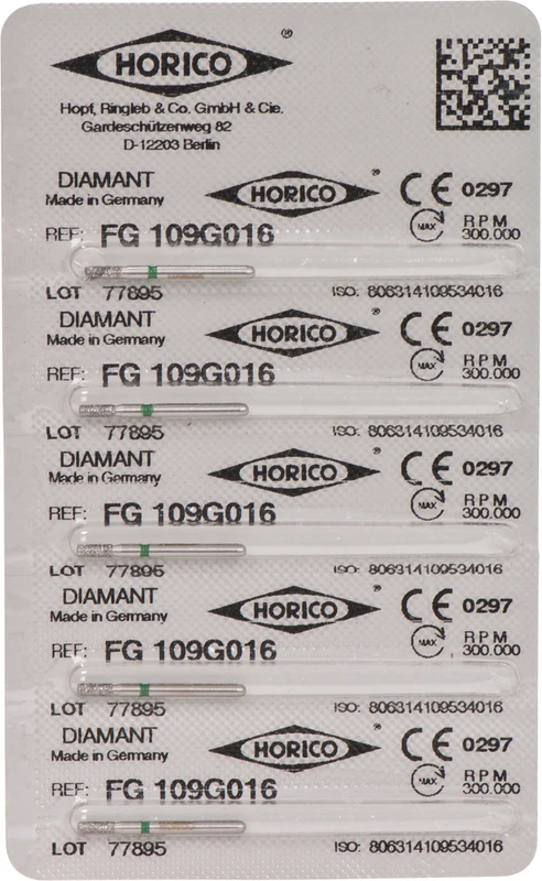 Diamantschleifer 109  Packung  5 Stück grün grob, FG, Figur 109, 4 mm, FG, Figur 109, 4 mm, ISO 016