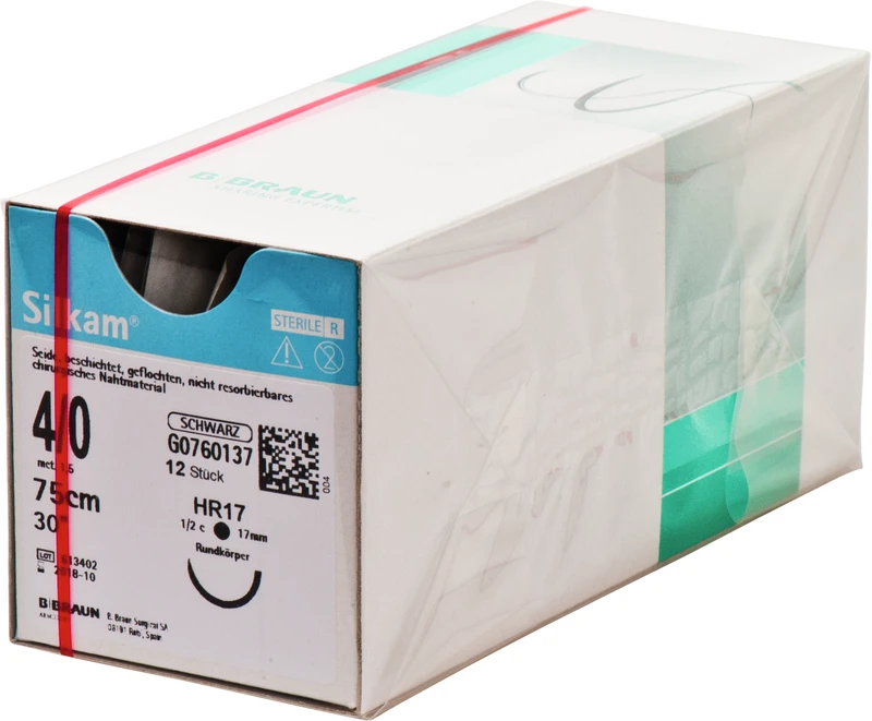 Silkam®  Packung  12 Stück schwarz, 75 cm, HR17, 1\2 Kreis, Rundkörper, 17 mm, USP 4\0