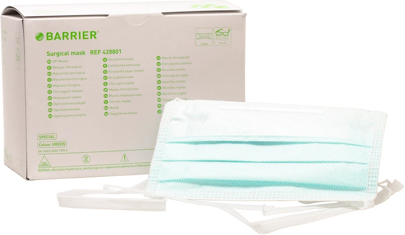 BARRIER® OP-Maske Special  Packung  70 Stück grün, Bindebänder extra lang, mit Nasenbügel, antifog, Cellulose