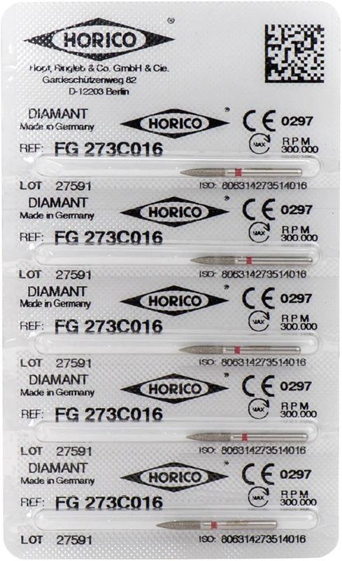 Diamantschleifer 273  Packung  5 Stück rot fein, FG, Figur 273, 8 mm, ISO 016