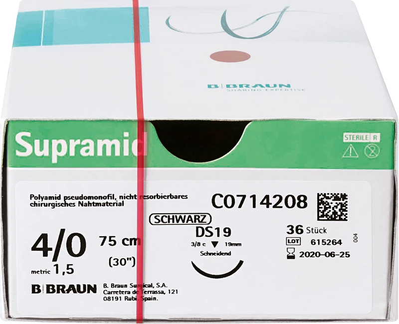 Supramid  Packung  36 Stück schwarz, 75 cm, DS19, 3\8 Kreis, schneidend, 19 mm, USP 4\0