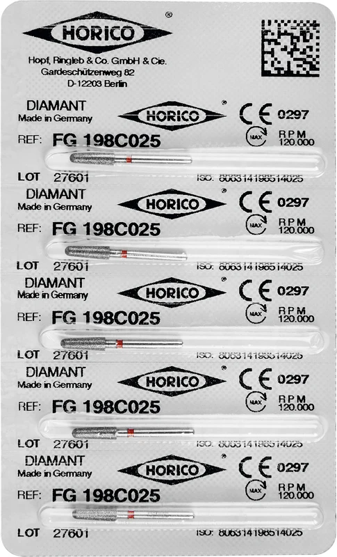 Diamantschleifer 198  Packung  5 Stück rot fein, FG, Figur 198, 8 mm, ISO 025