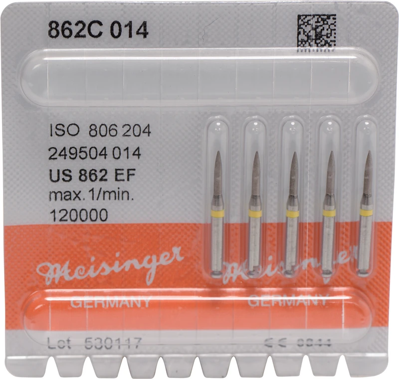 Diamanten 862  Packung  5 Stück gelb extra fein, RA, Figur 249 Flamme, 8 mm, ISO 014