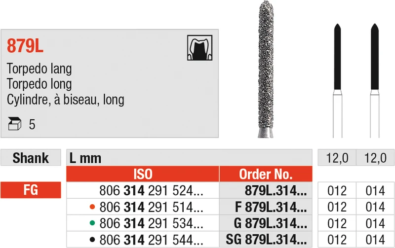 Diamanten 879L  Packung  5 Stück grün grob, FG, Figur 291 Torpedo lang, 12 mm, ISO 012