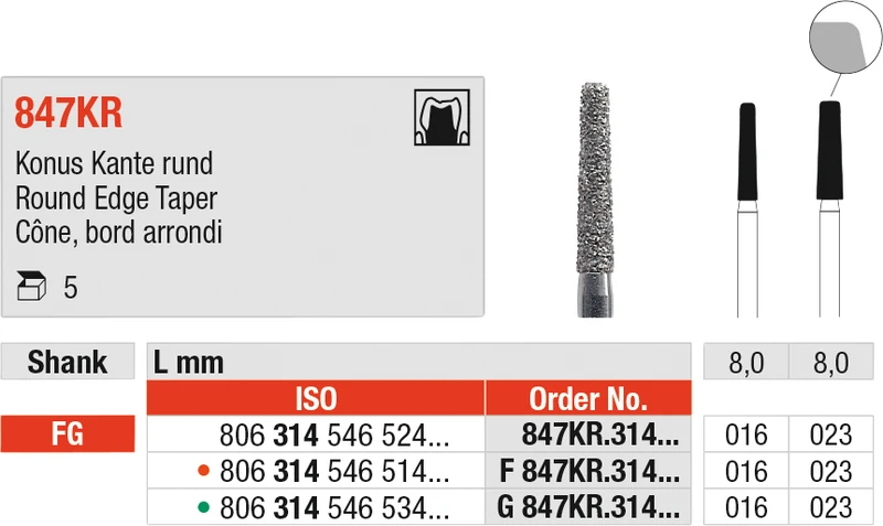 Diamanten 847KR  Packung  5 Stück grün grob, FG, Figur 546 Konus Kante rund, 8 mm, ISO 016