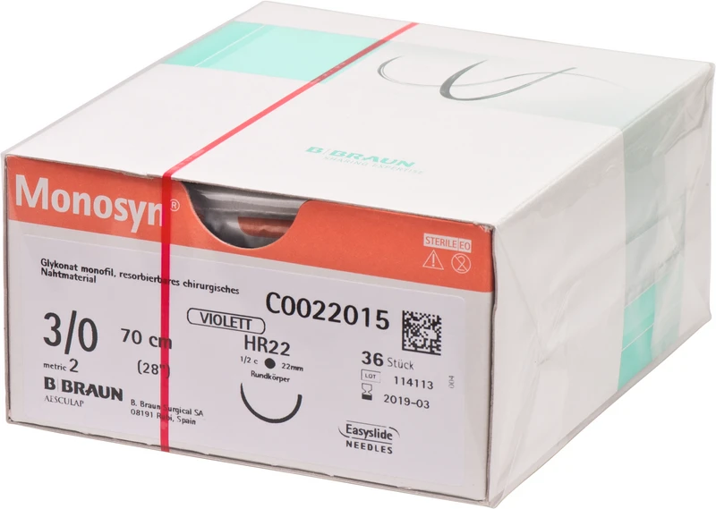 Monosyn®  Packung  36 Stück violett, 70 cm, HR22, 1\2 Kreis, Rundkörper, 22 mm, USP 3\0