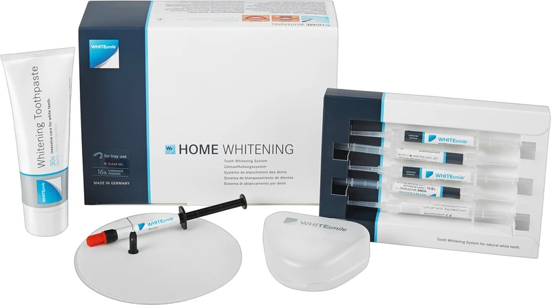 HOME WHITENING  Slim Kit  8 x 1,2 ml Zahnaufhellungsgel 16 % CP, 2 x 1,2 ml After Whitening Mousse, Zubehör