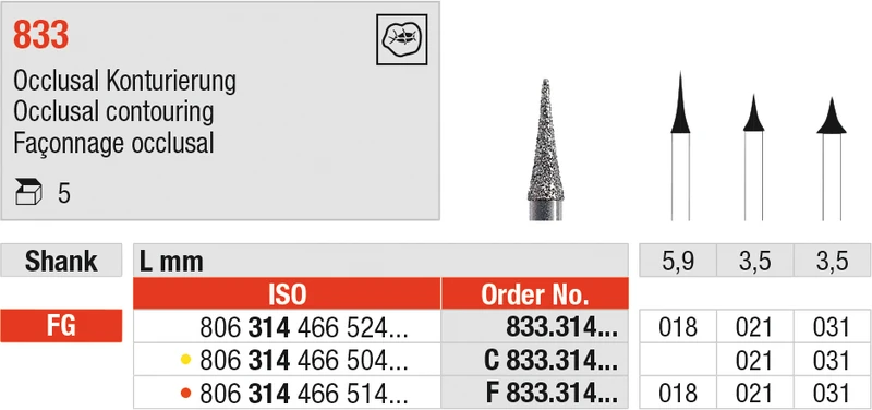 Diamanten 833  Packung  5 Stück rot fein, FG, Figur 466 Occlusal Kontierung, 3,5 mm, ISO 031