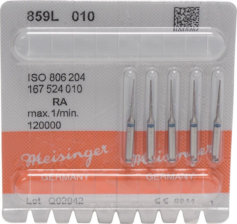 Diamanten 859   Packung  5 Stück blau mittel, RA, Figur 167 lang, kon. spitz, 12 mm, ISO 010