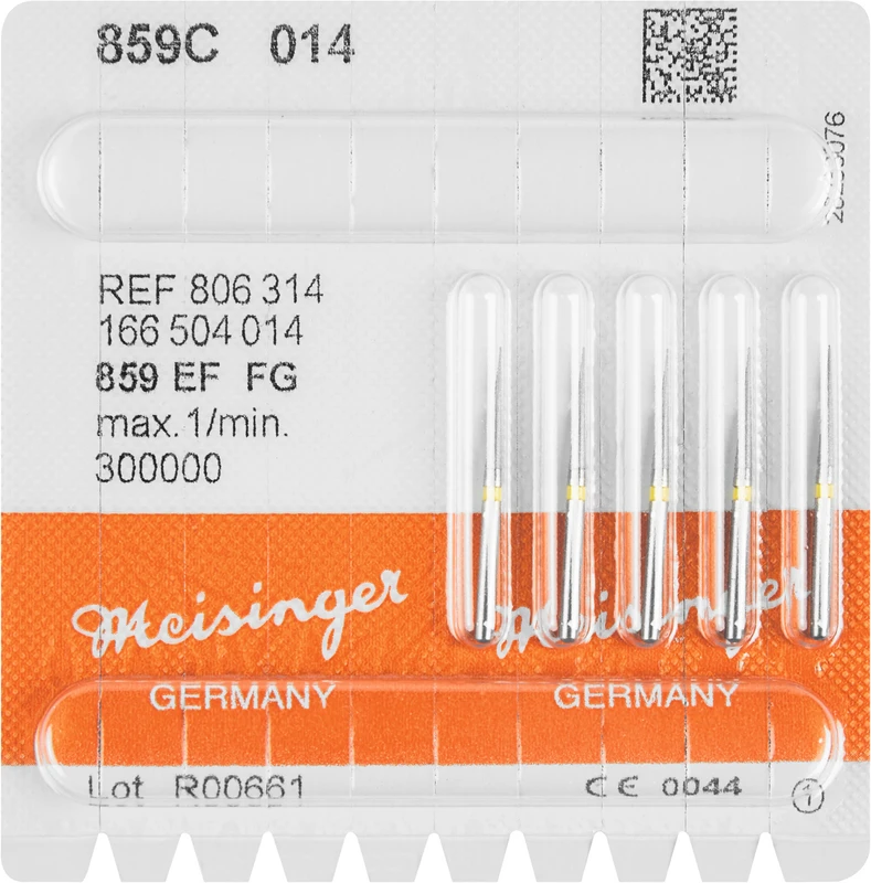 Diamanten 859  Packung  5 Stück gelb extra fein, FG, Figur 166 kon. spitz, 10 mm, ISO 014