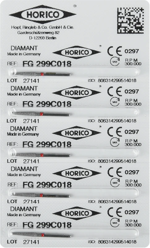 Diamantschleifer 299  Packung  5 Stück rot fein, FG, Figur 299, 10 mm, ISO 018