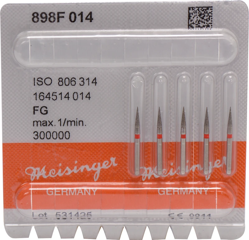 Diamanten 898  Packung  5 Stück rot fein, FG, Figur 164 Nadel konisch spitz, 6 mm, ISO 014