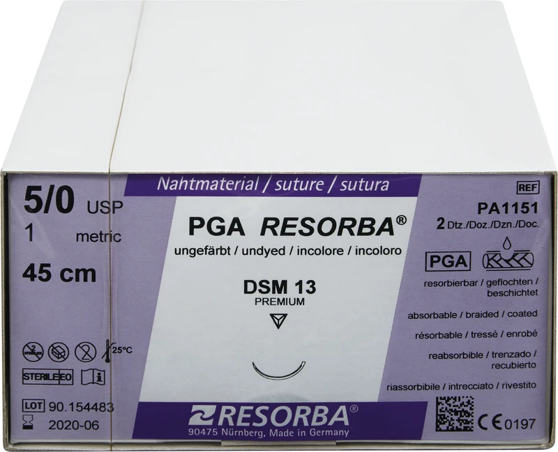 RESORBA® PGA  Packung  24 Stück ungefärbt, 45 cm, DSM13, 3\8 Kreis, außen schneidend, Premium-Schliff, 13 mm, USP 5\0