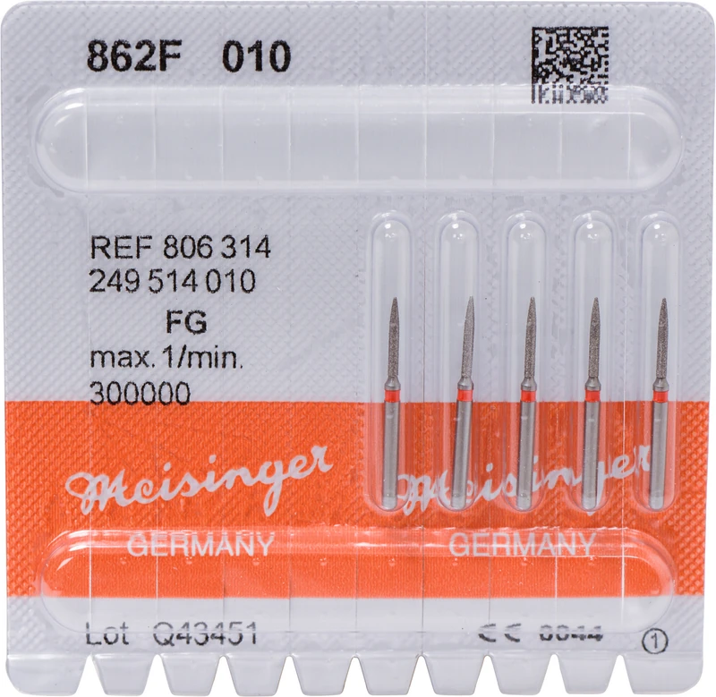 Diamanten 862  Packung  5 Stück rot fein, FG, Figur 249 Flamme, 8 mm, ISO 010