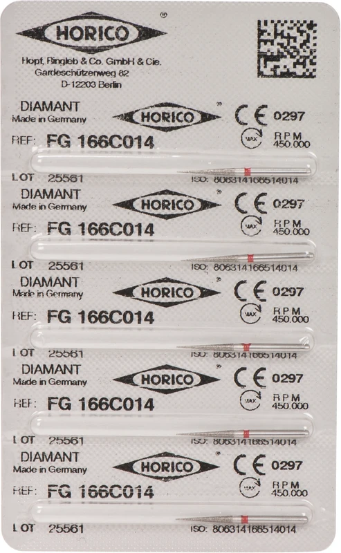 Diamantschleifer 166   Blister  5 Stück rot fein, FG, Figur 166, 10 mm, ISO 014