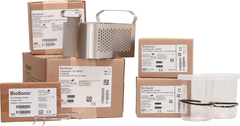BioSonic® ZubehörKit  Packung  34 FingerGuard Instrumentenkorb, Borsilikat-Becherglas, Deckel, 2 Positionringe, 2 Positionsrahmen für 1 Becherglas, UC155