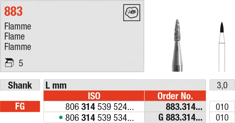 Diamanten 883  Packung  5 Stück Standard, FG, Figur 539 Flamme, 3 mm, ISO 010