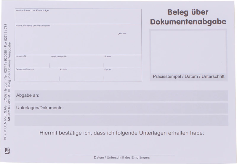 Beleg über Dokumentenabgabe   Stück  100 Blatt