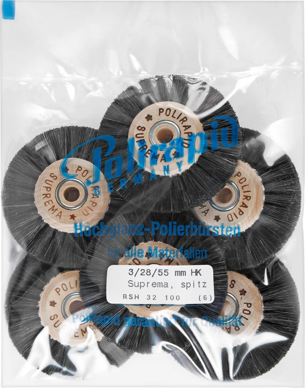 Suprema Rundbürsten  Packung  6 Stück mit Holzkern, 3-reihig, spitz, Kern: 28 mm, Außen: 55 mm
