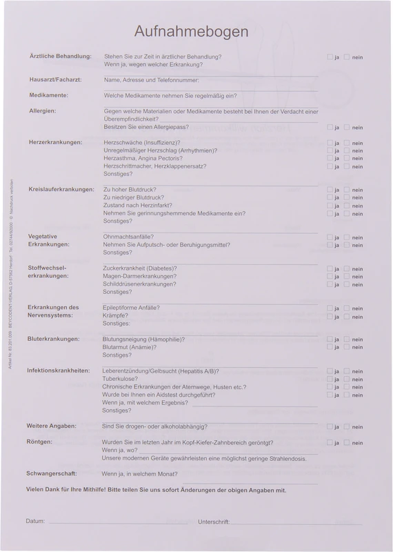 Anmeldebogen Anamnesebogen   Stück  100 Blatt