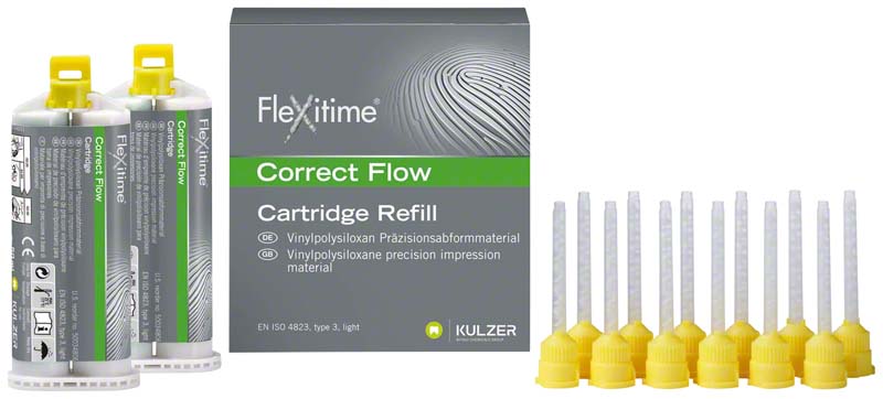 Flexitime®  Packung  2 x 50 ml Doppelkartusche Correct Flow, leichtfließend, 6 Mischkanülen gelb 1:1