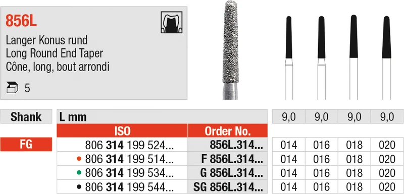 Diamanten 856L  Packung  5 Stück schwarz supergrob, FG, Figur 199 langer Konus rund, 9 mm, ISO 018