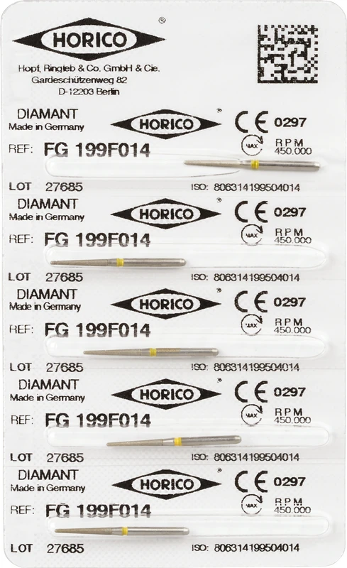 Diamantschleifer 199  Packung  5 Stück gelb x-fein, FG, Figur 199, 10 mm, ISO 014