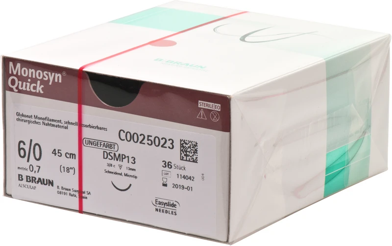Monosyn® Quick  Packung  36 Stück ungefärbt, 45 cm, DSMP13, 3\8 Kreis, schneidend, Mikropräzision, 13 mm, USP 6\0