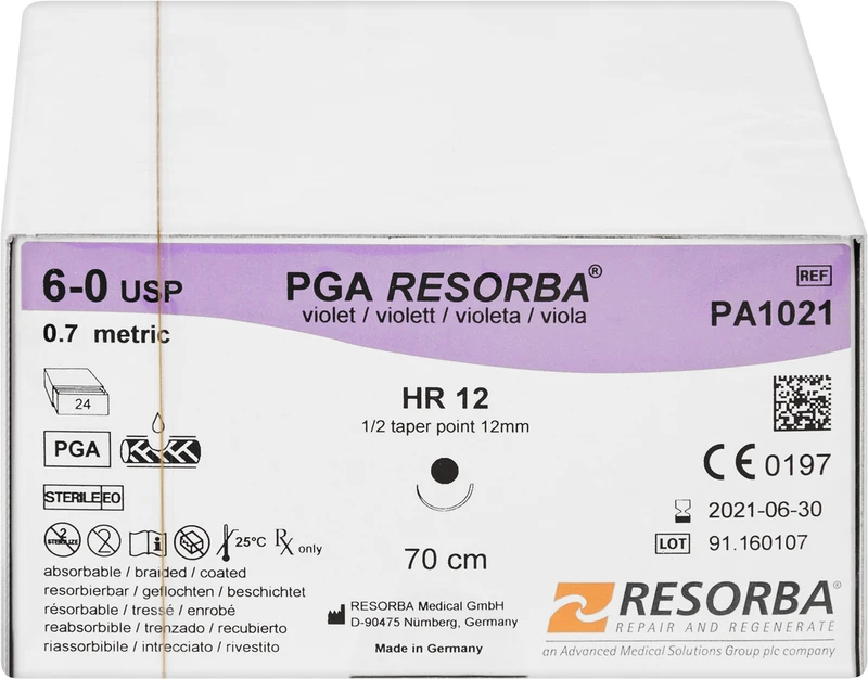 RESORBA® PGA  Packung  24 Stück violett, 70 cm, HR12, 1\2 Kreis, Rundkörper, 12 mm, USP 6\0