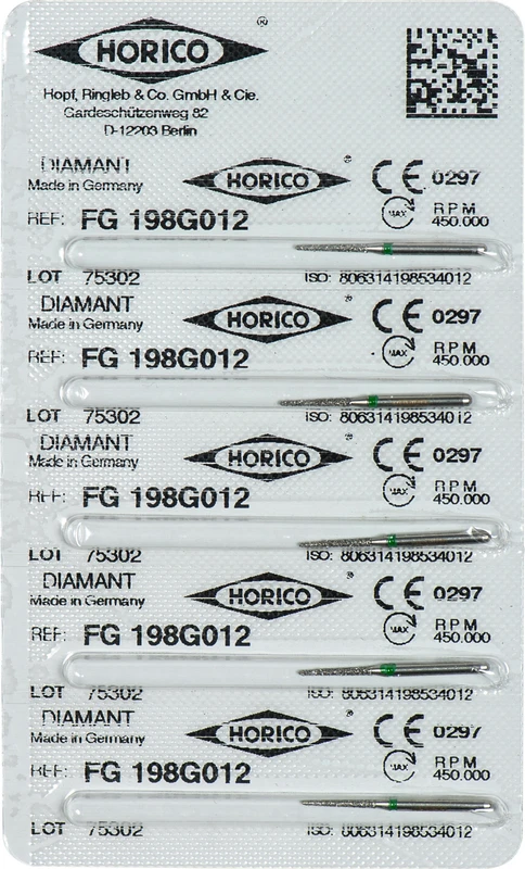 Diamantschleifer 198  Packung  5 Stück grün grob, FG, Figur 198, 8 mm, ISO 012