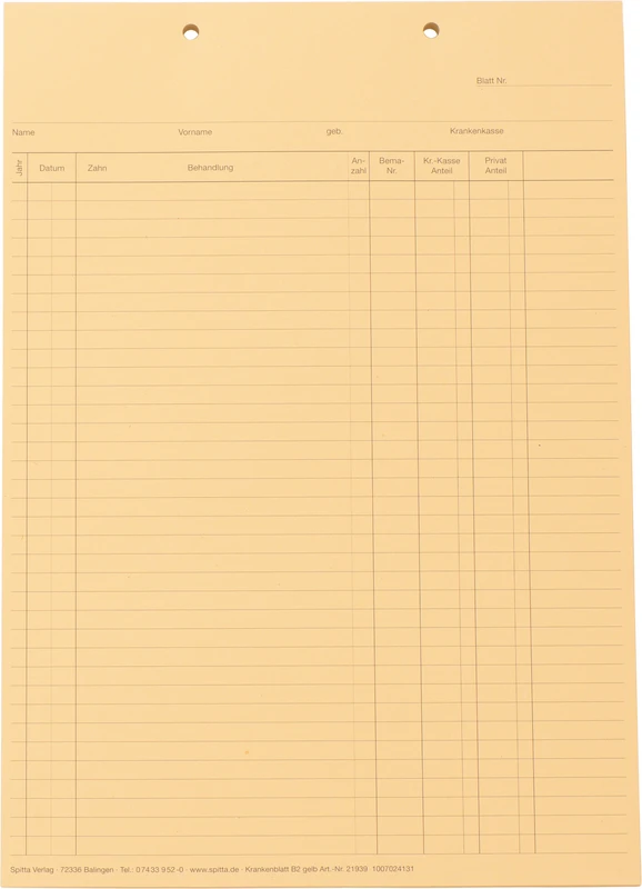 Krankenblatt B2   Stück  100 Blatt gelb