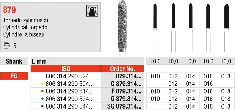 Diamanten 879  Packung  5 Stück grün grob, FG, Figur 290 Torpedo zylindrischo, 10 mm, ISO 014
