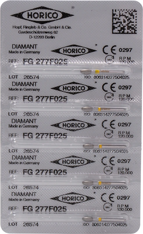 Diamantschleifer 277  Packung  5 Stück gelb x-fein, FG, Figur 277, 4,5 mm, ISO 025