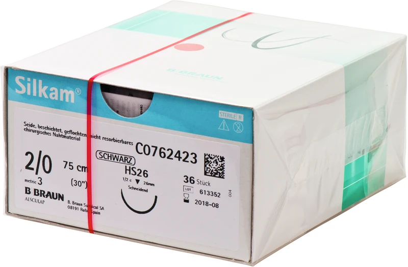 Silkam®  Packung  36 Stück schwarz, 75 cm, HS26, 1\2 Kreis, schneidend, 26 mm, USP 2\0