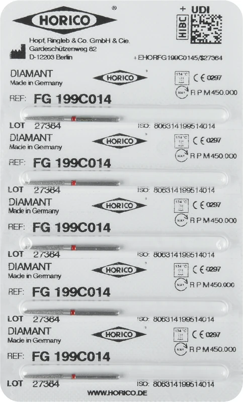Diamantschleifer 199  Packung  5 Stück rot fein, FG, Figur 199, 10 mm, ISO 014