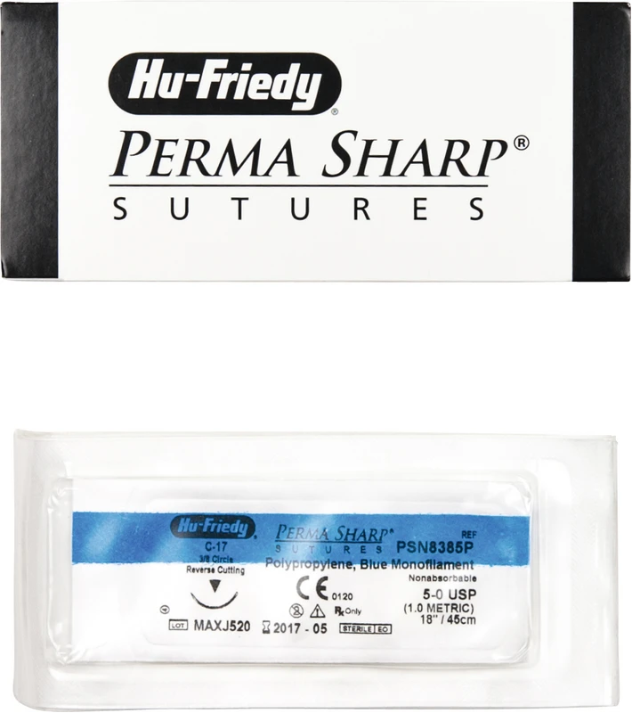 Perma Sharp Polypropylen  Packung  12 Stück blau, 45 cm, C-17, 3\8 Kreis, schneidend, Rückstich, 12 mm, USP 5\0