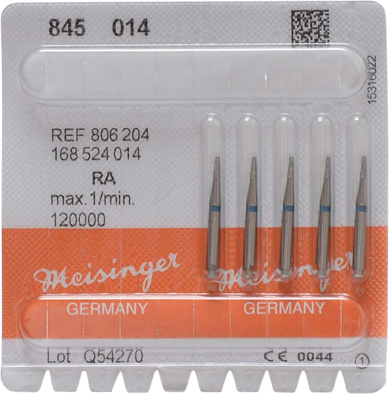 Diamanten 845  Packung  5 Stück blau mittel, RA, Figur 168 Konus Kante scharf, 4 mm, ISO 014