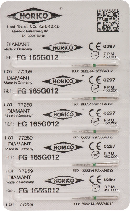 Diamantschleifer 165  Packung  5 Stück grün grob, FG, Figur 165, 8 mm, ISO ISO 012