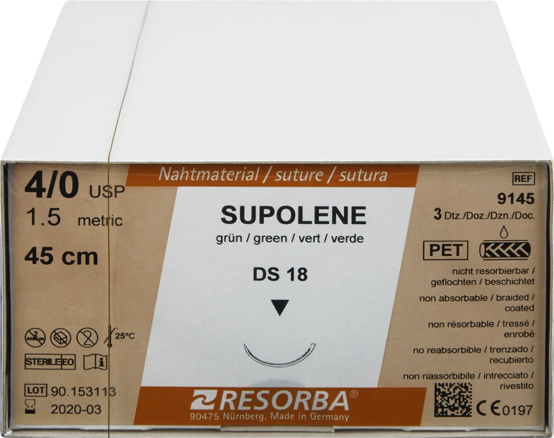 RESORBA® Supolene  Packung  36 Stück grün, 45 cm, DS18, 3\8 Kreis, außen schneidend, 18 mm, USP 4\0