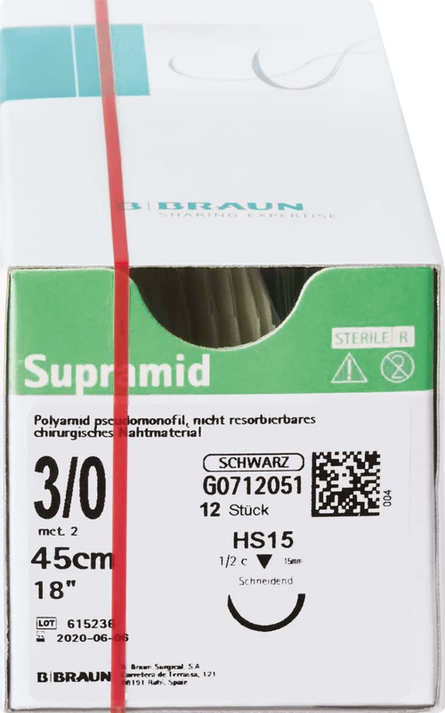 Supramid  Packung  12 Stück schwarz, 45 cm, HS15, 1\2 Kreis, schneidend, 15 mm, USP 3\0