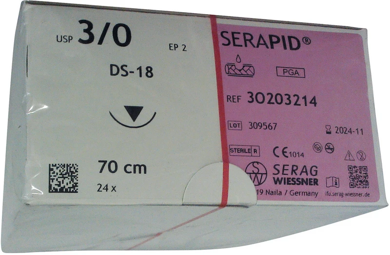 SERAPID®   Packung  24 Stück ungefärbt, 70 cm, DS-18, 3\8 Kreis, schneidender Nadelkörper, 18 mm, USP 3\0