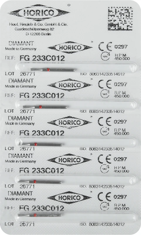 Diamantschleifer 233  Packung  5 Stück rot fein, FG, Figur 233, 2,6 mm, ISO 012