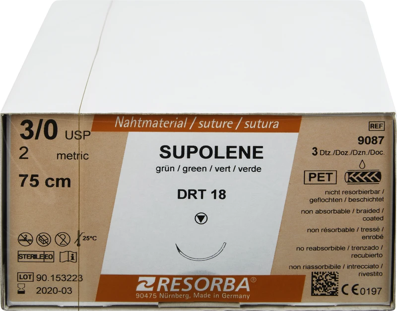 RESORBA® Supolene  Packung  36 Stück grün, 75cm, DRT18, 3\8 Kreis, schneidender Rundkörper (Diamant-Spitze), 18 mm, USP 3\0