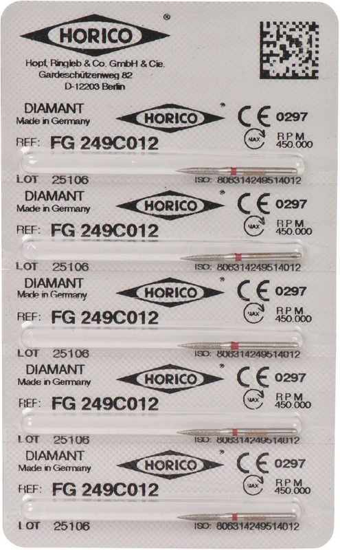 Diamantschleifer 249  Packung  5 Stück rot fein, FG, Figur 249, 8 mm, ISO 012