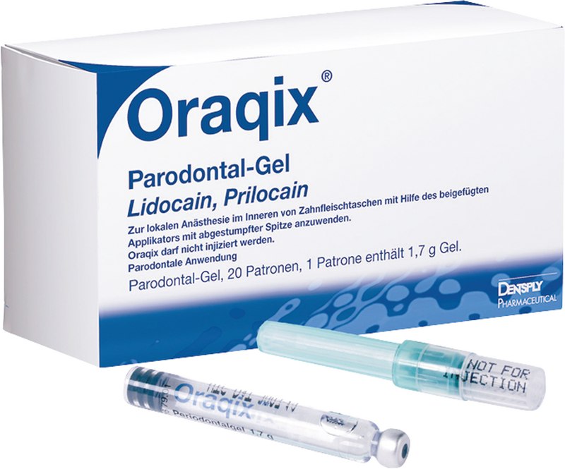 Oraqix® Lidocain und Prilocain Parodontal-Gel 2,5%\2,5%  Packung  20 x 1,7 g Patrone, 20 Applikatoren