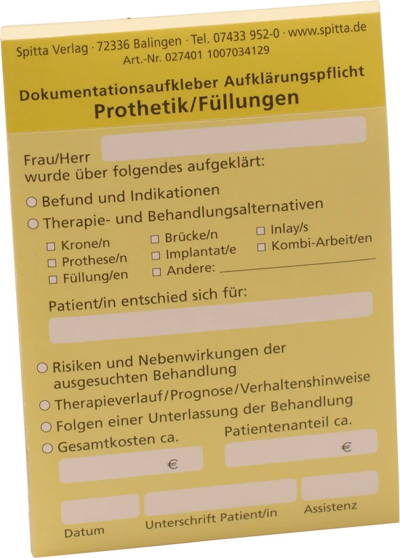 Dokumentationsaufkleber Aufklärungspflicht   Stück  50 Blatt Prothetik\Füllungen, gelb
