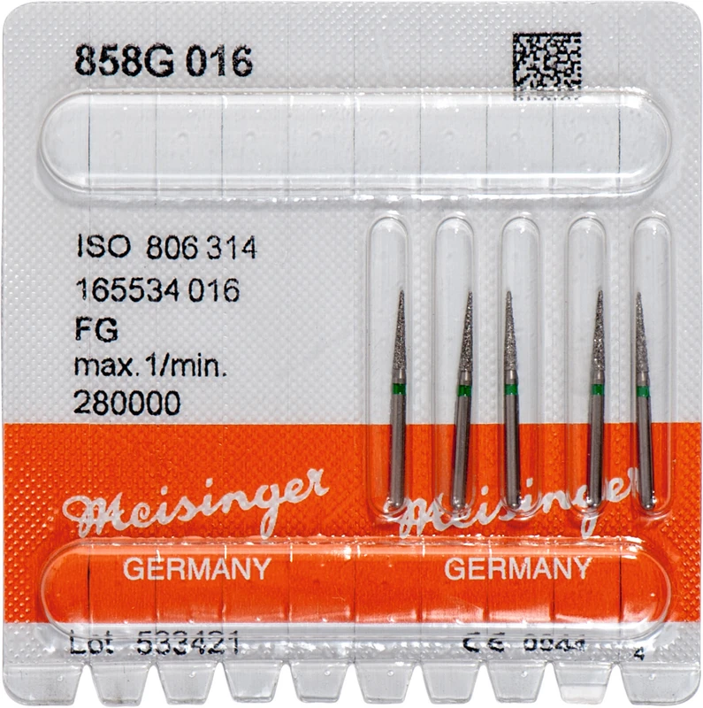 Diamanten 858  Packung  5 Stück grün grob, FG, Figur 165 kon. spitz, Nadel, 8 mm, ISO 016