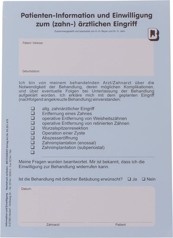 Patienten-Information und -Einwilligung   Stück  100 Blatt inklusive Einwilligung