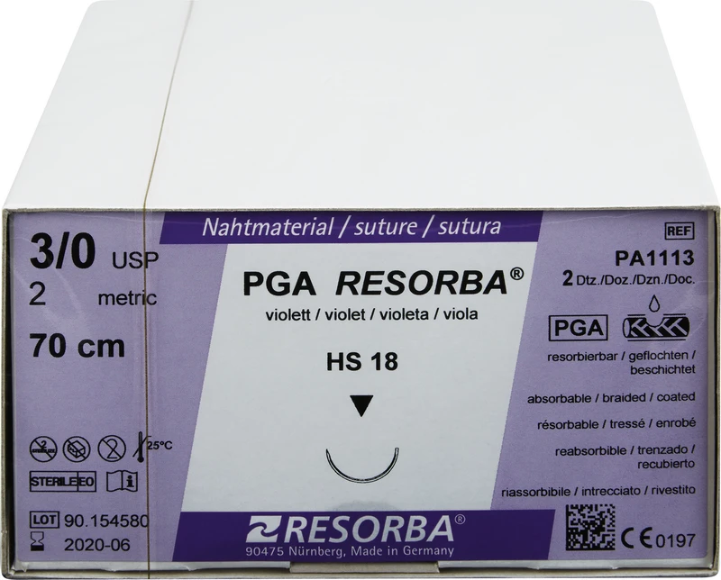 RESORBA® PGA  Packung  24 Stück violett, 70 cm, HS18, 1\2 Kreis, außen schneidend, 18 mm, USP 3\0