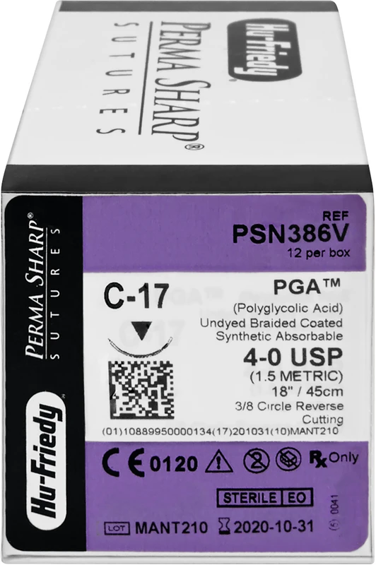 Perma Sharp PGA  Packung  12 Stück ungefärbt, 45 cm, C-17, 3\8 Kreis, schneidend, Rückstich, 12 mm, USP 4\0
